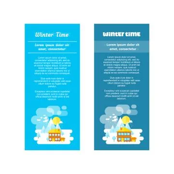 Flat set of winter landscapes. Flat style: winter time in mountains. Set of b Stock Illustration