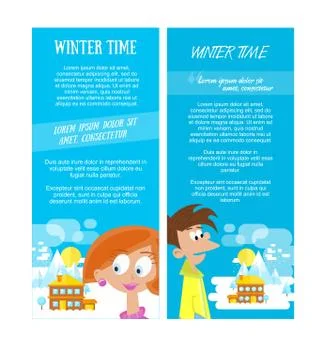 Flat set of winter landscapes. Flat style: winter time in mountains. Set of b 스톡 일러스트