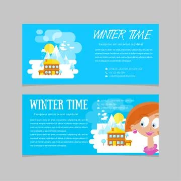 Flat set of winter landscapes. Flat style: winter time in mountains. Set of b 스톡 일러스트