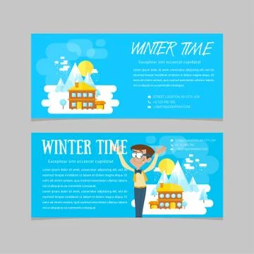 Flat set of winter landscapes. Flat style: winter time in mountains. Set of b Illustrazione stock