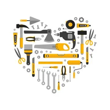 Flat set of working tools in heart shape Stock Illustration
