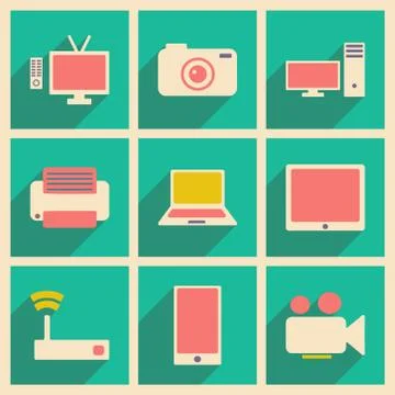 Flat with shadow concept and mobile application technology icons Stock Illustration