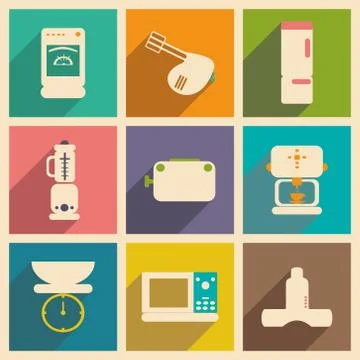 Flat with shadow concept and mobile application kitchen appliances Stock Illustration