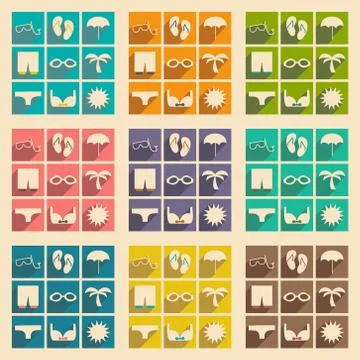 Flat with shadow concept and mobile application summer icons Stock Illustration