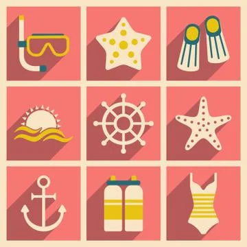 Flat with shadow concept and mobile application sea icons Stock Illustration