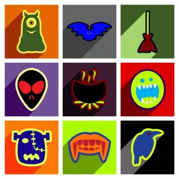 Flat with shadow concept Hallowe'en stylish icons on bright background Stock Illustration