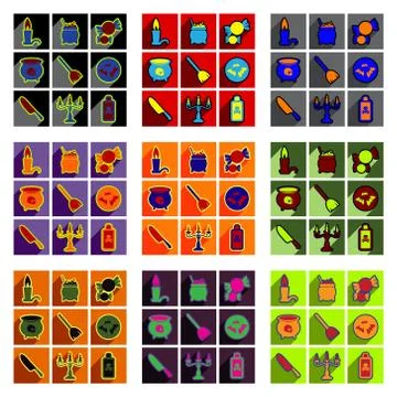 Flat with shadow concept Hallowe'en stylish icons on bright background Stock Illustration
