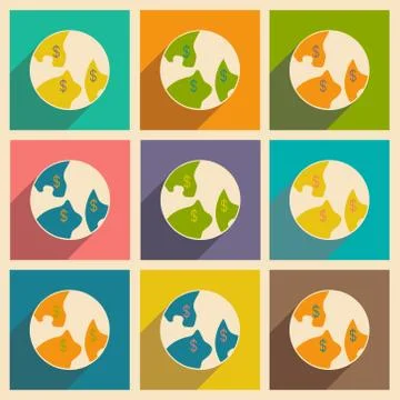 Flat with shadow icon and mobile applacation dollar in world Stock Illustration