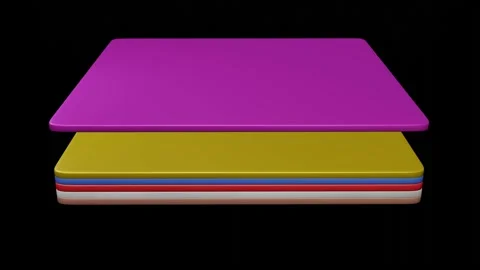 Flat sheets of colored materials stacked together. 3d animation render Video stock 205104748