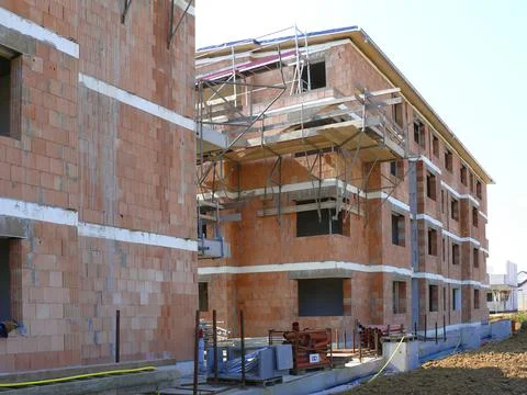 Flat in shell construction new building area painters scaffolding brick Stock Photos