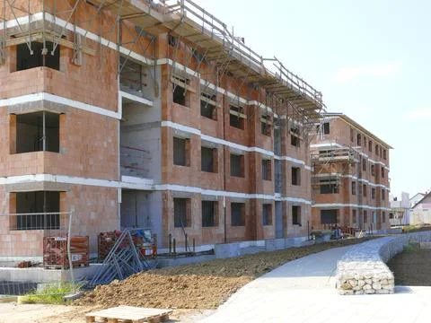 Flat in shell construction new building area painters scaffolding brick Stock Photos