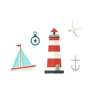 Flat ship, lighthouse, compass, anchor and seagull Illustrazione stock