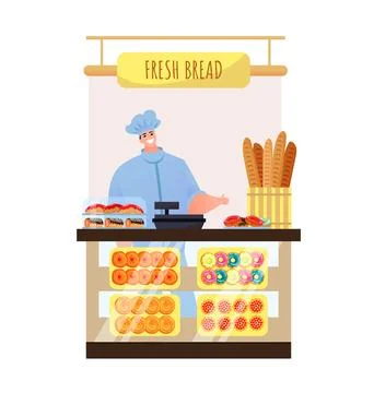 Flat shop with fresh bread, man sell food isolated on white vector illustration Ilustração Stock