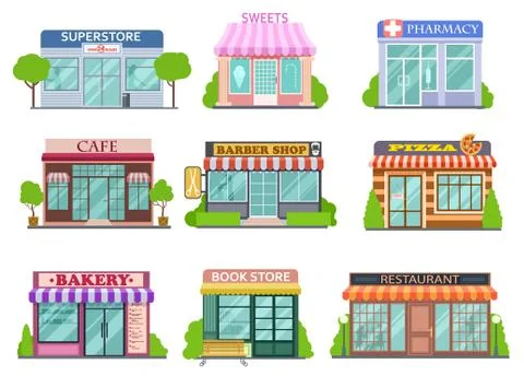 Flat shops set. Barber shop, bookstore and pharmacy. Bakery and pizza isolated Stock Illustration