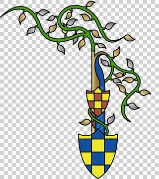 Flat shovel featuring handle accenting blue, checkered shields, vine wrapping Illustration