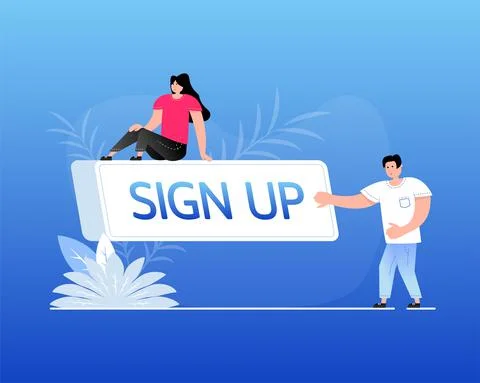 Flat sign up button with people. White sign up button. 库存插图