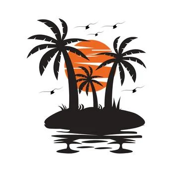 A flat silhouette art illustration featuring palm tree silhouette island scen Stock Illustration