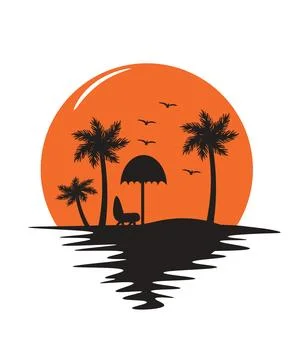 A flat silhouette with bold contrast illustration featuring beach sunset silh Illustrazione stock
