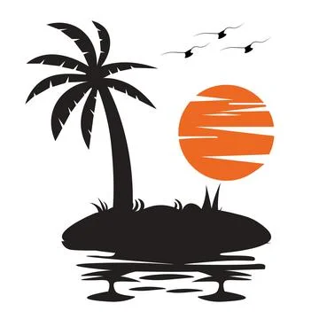 A flat silhouette with bold outlines illustration featuring palm tree silhoue Stock Illustration