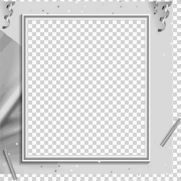Flat silver square frame is featuring ribbons and star confetti on transparent Stock Illustration