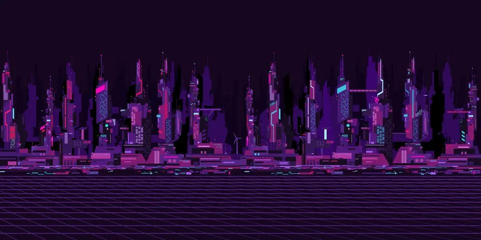 Flat Simple Abstract Futuristic Sci-fi Cyber Space City Landscape Vector Stock Illustration
