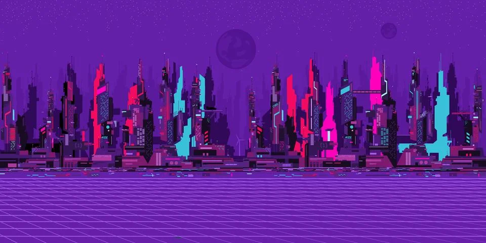 Flat Simple Abstract Futuristic Sci-fi Cyber Space City Landscape Vector Stock Illustration