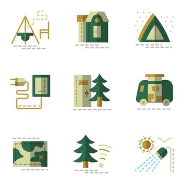 Flat simple green vector icons for camping イラスト素材