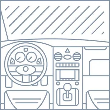 Flat simple line illustration of car interior view - window, whell, panel Stock Illustration