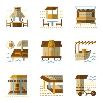 Flat simple vector icons for bungalows Stock Illustration