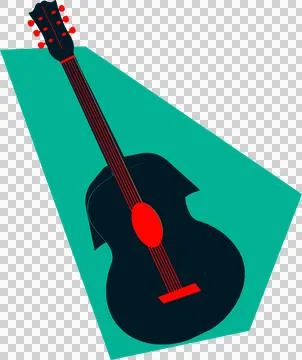 Flat six-string guitar with red details is floating over green trapezoid, Stock Illustration