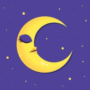 Flat sleepy crescent character on night sky. Cartoon crescent Stock Illustration