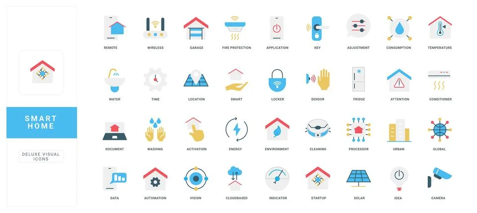 Flat Smart Home Technology Icon Set Collection Stock Illustration