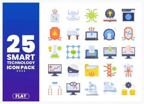 Flat smart technology icons on a blue and purple gradient background with w.. Stock Illustration