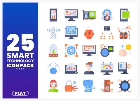 Flat smart technology icons presented on a white background in a grid formati Stock Illustration