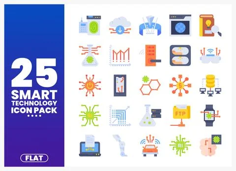 Flat smart technology icons set with AI. cloud. data. and networking symbols 스톡 일러스트