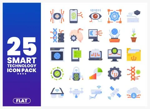 Flat smart technology icons set on white background with blue gradient header Stock Illustration
