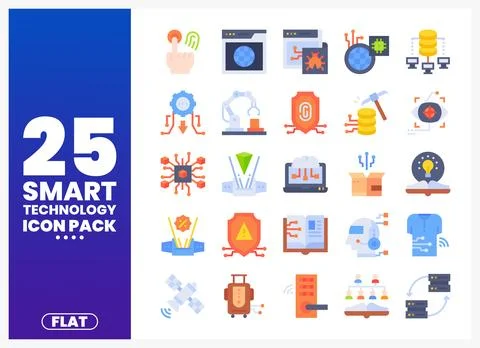 Flat smart technology icons on white background with blue text Stock Illustration
