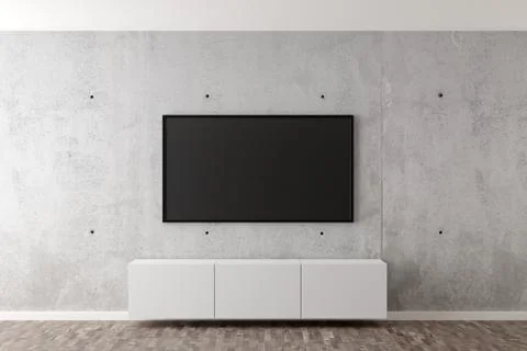 Flat smart tv panel on concrete wall with white sideboard and brown wooden fl Stock Illustration