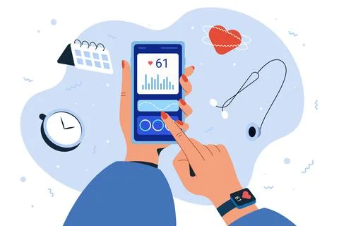 Flat smartphone and smart watch for monitoring heart rate Illustrazione stock