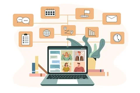 Flat smiling people have virtual online video conference Stock Illustration