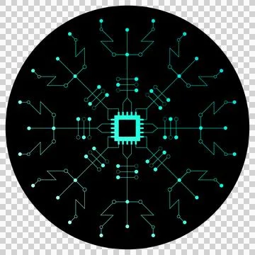 Flat snowflake circuit is appearing in transparent space with turquoise Stock Illustration