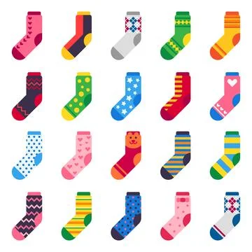 Flat socks. Long sock for child feet, elastic colorful fabric and striped w.. Stock Illustration
