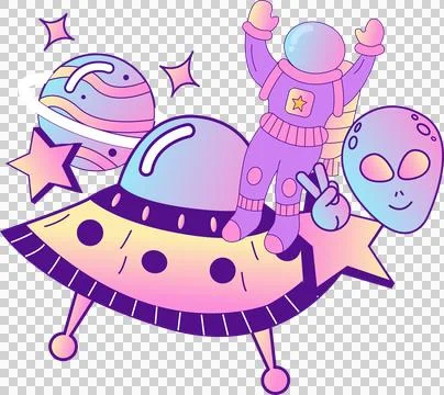 Flat space art is floating on transparent background with UFO, astronaut and Stock Illustration
