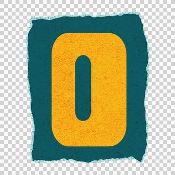 Flat speckled yellow zero sitting on torn teal square, irregular border and Stockillustratie