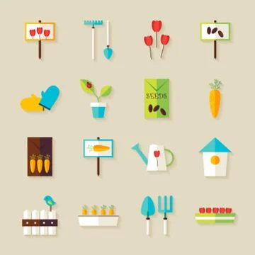 Flat Spring Garden Plant Objects Set with Shadow Stock Illustration
