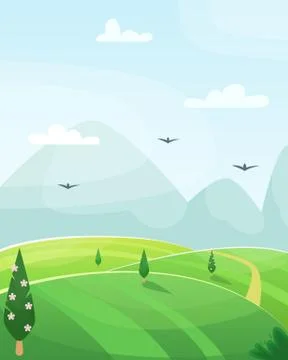 Flat spring vector cartoon landscape. Fields with trees and mountains Ilustração Stock