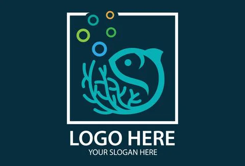 Flat Square Circle Fish Line Art with Blue Background Logo Design	 Stock Illustration