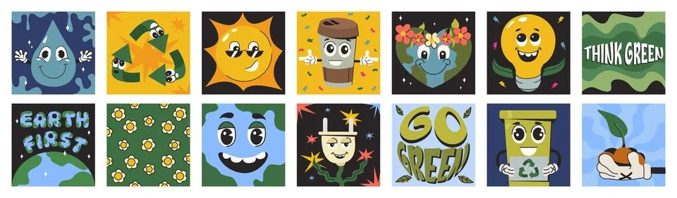 Flat square posters with funny cute characters of save the planet Illustrazione stock