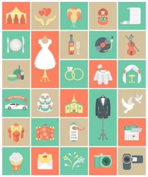 Flat square wedding icons Stock Illustration