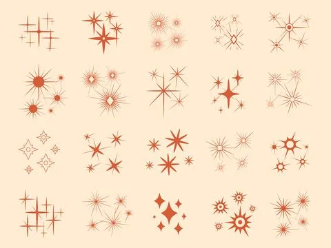 Flat stars with rays retro logos. Shine abstract design elements, modern sparkle Illustrazione stock